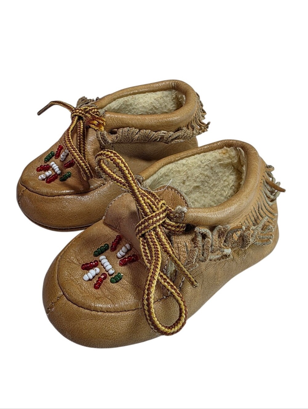 Vintage Baby Tan Leather Minnetonka Moccasin Shoes w Bead Detail Size 3 EUC